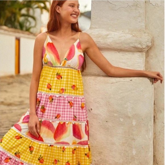FARM Rio Dresses & Skirts - Farm Rio Mixed Picnic Cashew Dress Women's S Maxi Colorful Adjustable Halter